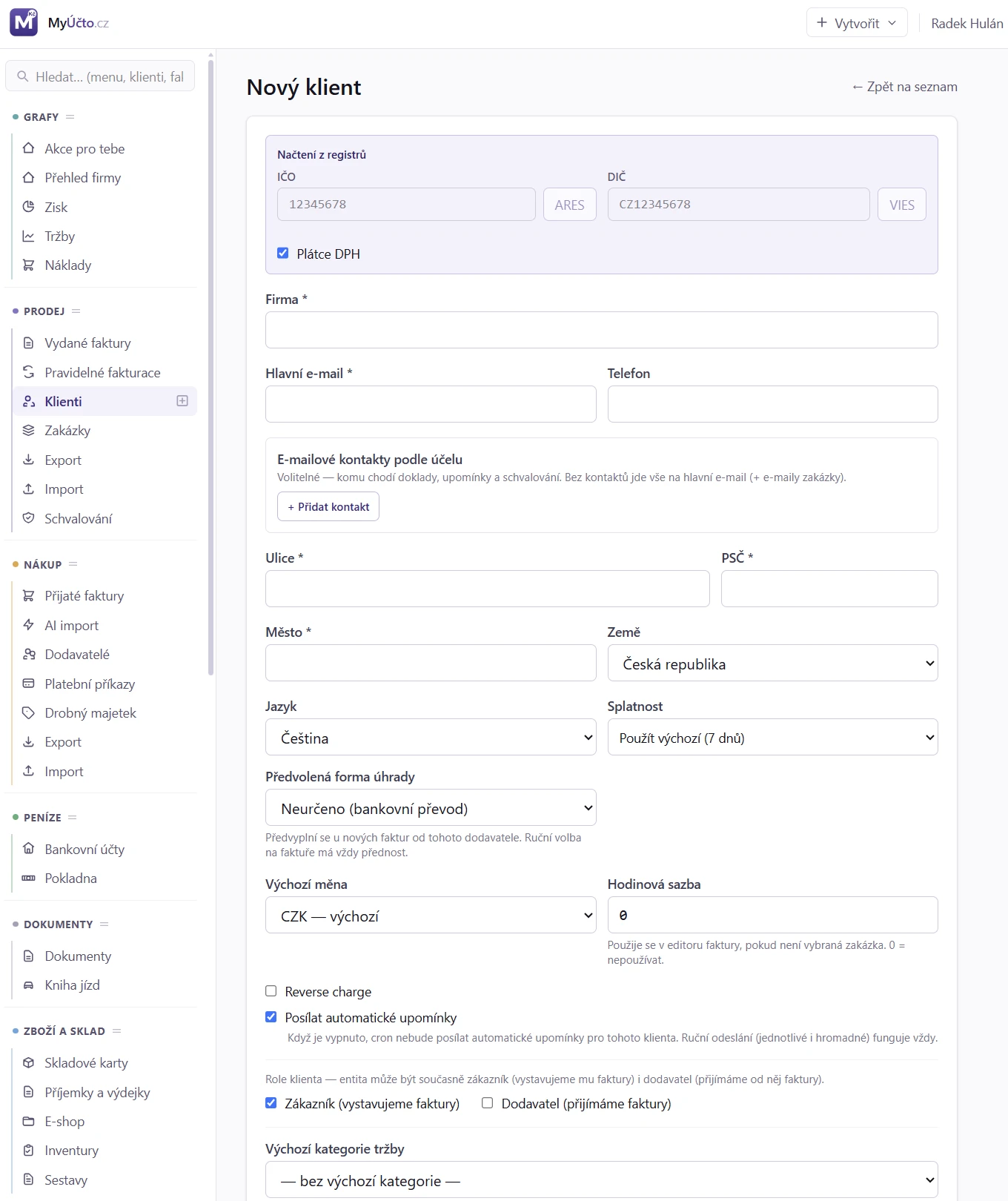 Nový klient — ARES lookup