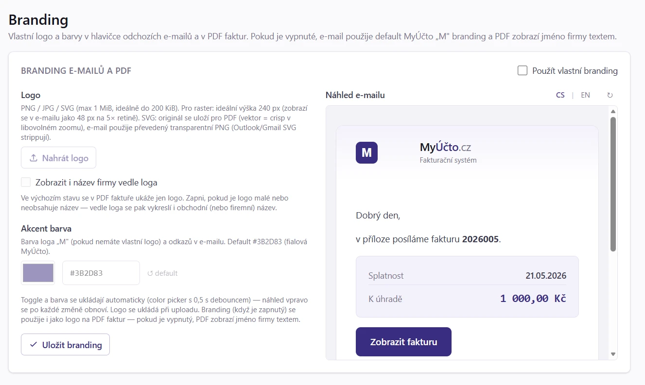 Branding emailů — toggle, logo, akcent barva, live preview